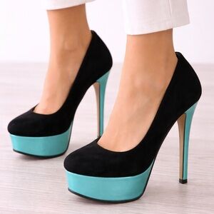 BRECKELLES  Black Suede Platform Heels Turquoise Accent Pumps Size 7.5